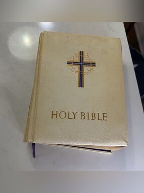 Holy Bible Cream Hardcover with Blue Cross Accent